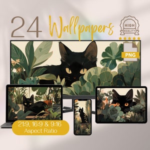 High Resolution Digital Wallpaper Pack, Black Cat & Plants Art, Ultra HD 4K Background PC and Phone, 3440x1440 Desktop Ultrawide Wallpapers