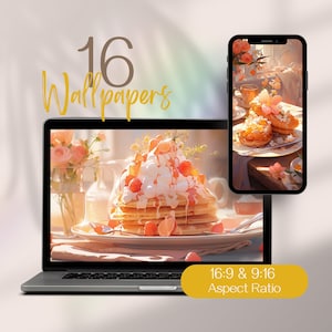Puede incluir: Una ilustración digital de una pila de panqueques cubiertos con crema batida, fresas y flores. Los panqueques están en un plato blanco y el plato está sobre una mesa de madera. El fondo es una imagen borrosa de una ventana con la luz del sol entrando. El texto "16:9 & 9:16 Aspect Ratio" se muestra debajo de la imagen.