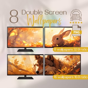 Höstens dubbla bildskärmsbakgrunder, högupplösta dubbla bildskärmsbakgrunder, söta djur i skogen höstbakgrunder för dubbelskärmsinstallation
