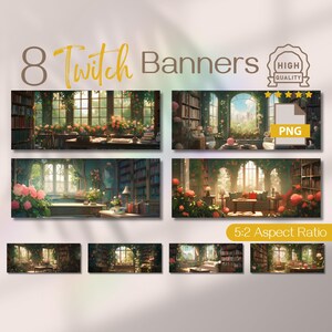May include: Eight Twitch banner designs featuring a library room with large windows, bookshelves, and floral accents. The banners are in a 5:2 aspect ratio and are available as PNG files.
