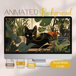 May include: Animated background featuring a black cat sitting amongst lush green plants in terracotta and blue pots. The animation is a seamless loop.