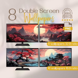 Japansk bakgrundsbild med dubbla skärmar, Sakura-bakgrunder med dubbla skärmar, bakgrundsbild med flera skärmar med körsbärsblommor, utökade 4K-skärmbakgrunder