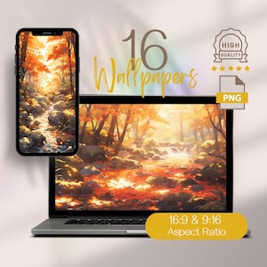 May include: A digital illustration of a forest scene with a stream running through it. The trees are in autumn colors, with red, orange, and yellow leaves. The stream is clear and flowing, and there are rocks and fallen leaves in the water. The image is in a 16:9 and 9:16 aspect ratio.