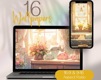 Cute Wallpaper, Cat Wallpaper, Kawaii Aesthetic Wallpaper, Purple Cozy Cute Digital Wallpaper, Cute iPad Wallpaper, Cute Desktop Wallpaper