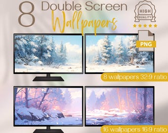 Stunning Winter Forest Dual Screen Backgrounds, High-Resolution Snowy Landscape Wallpapers, Pastel Winter Wonderland Dual Monitor Wallpapers
