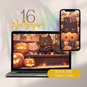 Halloween Desktop Background, Fall Computer Wallpaper, Cute Desktop Wallpaper, Autumn Desktop Wallpaper, Cat Halloween Desktop Background