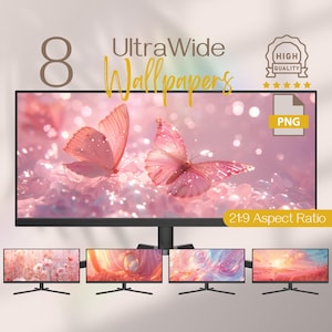 May include: Eight ultra-wide wallpapers featuring pink butterflies and a sparkling pink background. The wallpapers are in a 21:9 aspect ratio and are available in PNG format.