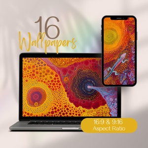 Puede incluir: Un ordenador portátil con un fondo de pantalla abstracto de colores. El fondo de pantalla presenta un esquema de color rojo, amarillo y azul con un patrón circular. El portátil está al lado de un teléfono inteligente con un fondo de pantalla similar, pero con un lagarto en el diseño. El texto "16 Wallpapers" está en la parte superior de la imagen, y "16:9 & 9:16 Aspect Ratio" está en la parte inferior.