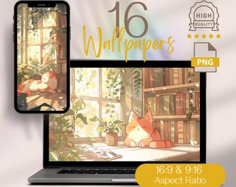 Söt röd katt bland böcker och växter bakgrundsbilder, HD-kawaii estetiska pastellmönster för PC, skrivbord, surfplatta och telefonbakgrunder