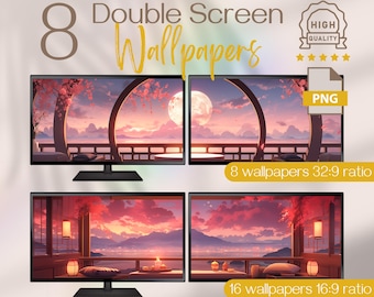 Lofi Neon Aesthetic Wallpapers Pack, Ultrawide Dual Monitor HD Backgrounds, Extended Multi-Screen Desk Setup, Double Screen Wallpaper Setup