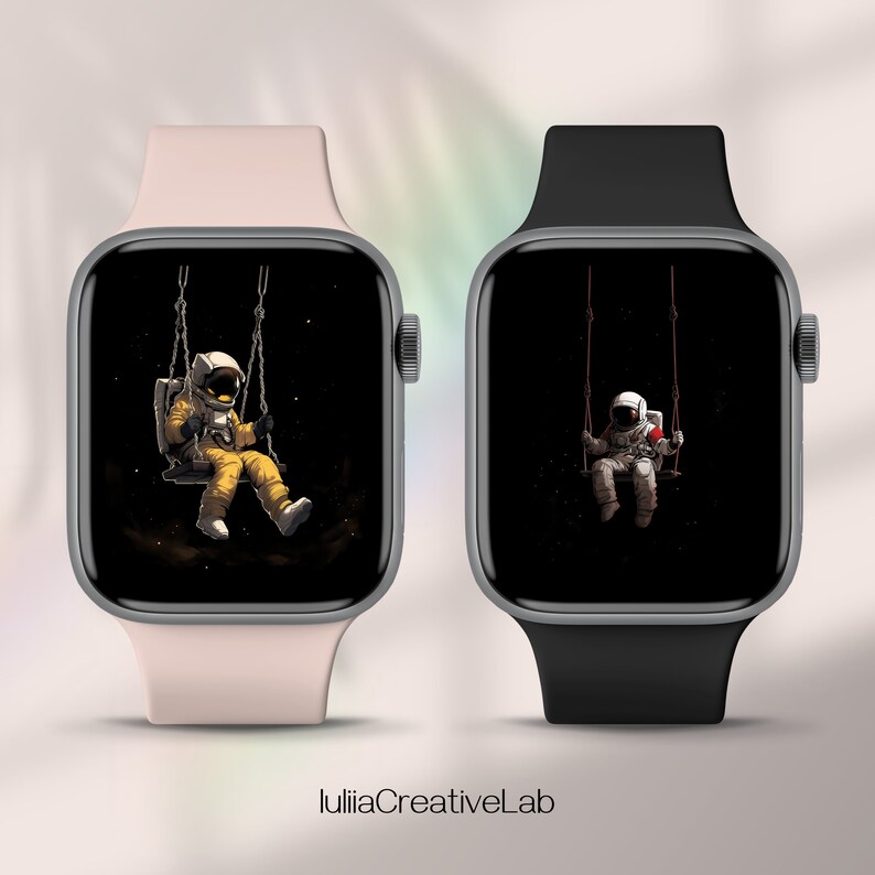 May include: Two Apple Watch Series 7 smartwatches with different coloured bands. The watch on the left has a pink band and the watch on the right has a black band. Both watches have a black screen with a digital illustration of an astronaut on a swing set in space.