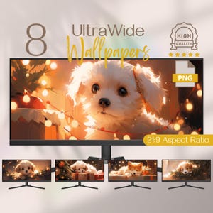 Super Ultrawide Wallpaper, Cute Puppy Amidst Christmas Digital Background, Ultra Wide Monitor Dog Holidays Aesthetic, Festive PC Wallpaper