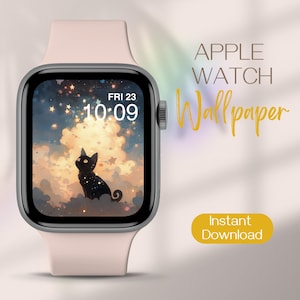 May include: An Apple Watch with a pale pink strap shows a digital wallpaper of a black cat on a cloud, with stars and a cloudy sky. The watch face displays the date and time. Text on the image reads "Apple Watch Wallpaper" and "Instant Download."