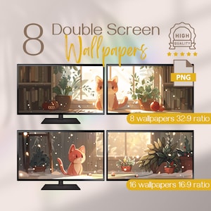 Festlig julbakgrund med dubbelskärm och söt röd katt, estetiska 4K-bakgrunder för utökat skrivbord, HD-julmagisk dubbel PC-skärm