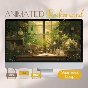 Motion Background Animated Library Studio, Anime Style Moving Picture Wallpaper, Downloadable GIF, Ideal Screensaver for Book Lovers