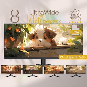 Puppy & Plants Ultrawide Background, Dog Ultrawide Wallpapers, Whimsical Widescreen 3440x1440 Wallpapers Format, HD 4k Aesthetic Wallpapers