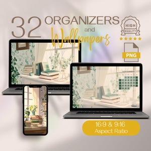Pode incluir: Organizadores digitais e papéis de parede exibidos em um laptop, tablet e telefone. As telas mostram uma cena interior aconchegante com livros, plantas e uma janela. A imagem inclui texto que diz "32 Organizers and Wallpapers", "High Quality" e "PNG".