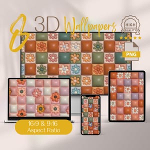 Puede incluir: Tres pantallas de dispositivos digitales que muestran un diseño de papel tapiz 3D con un patrón repetitivo de flores coloridas sobre un fondo texturizado. Las pantallas están etiquetadas con "16:9 & 9:16 Aspect Ratio". El texto "3D Wallpapers" se muestra sobre las pantallas. Un logotipo PNG de alta calidad se muestra en la esquina superior derecha.