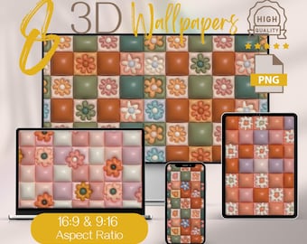 3D Backgrounds Checkered Flowers, HD Puffy Desktop & Mobile Wallpaper, 4K Aesthetic High Definition PC Wallpaper, Digital Download Art Gift