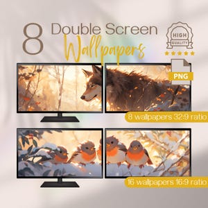 Charmiga vinterskogsbakgrunder med dubbla skärmar, högupplösta HD-snöiga djurscener för din dator, stationära dator, PC och utökade skärmar
