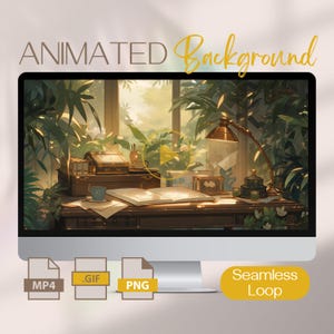 May include: Animated background featuring a desk with a book, a lamp, and a cup on a wooden surface. The desk is surrounded by lush green plants and a window with sunlight streaming in. The background is a seamless loop.