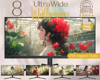 Anime Ultrawide Wallpaper: Lady in Greenhouse Background, 4K HD (Digital Download)