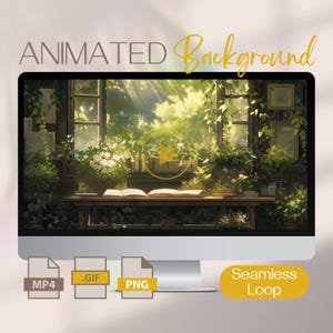 May include: Animated background featuring a window with sunlight streaming through green foliage. The window is framed by a wooden desk with a book open on it. The background is a seamless loop.