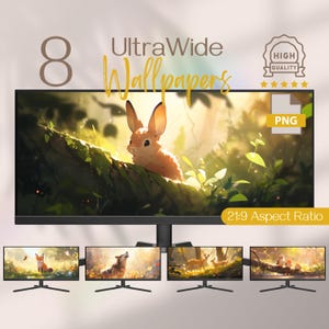 Könnte beinhalten: Acht Ultra-Wide-Wallpaper mit verschiedenen Naturszenen, darunter ein Kaninchen im Wald, ein Fuchs auf einer Wiese, ein Wolf auf einem Feld und ein Reh im Wald. Die Wallpaper sind im PNG-Format und haben ein Seitenverhältnis von 21:9.