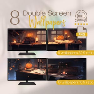 Halloween-bakgrunder med dubbla skärmar: Booklover Anime Lofi-teman, bredbildsbakgrunder