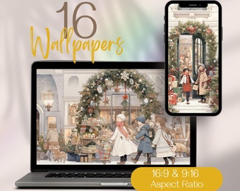 May include: A digital illustration of three children walking down a street lined with shops decorated for Christmas. The children are wearing winter clothes and carrying gifts. The street is decorated with a large wreath of evergreen branches, red berries, and ornaments. The image is in a 16:9 aspect ratio.
