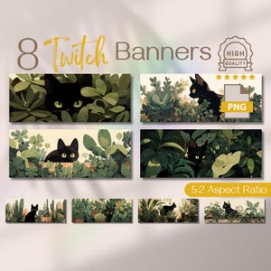 May include: Eight Twitch banner designs featuring black cats peeking out from lush green foliage. The banners are in a 5:2 aspect ratio and are available as PNG files.