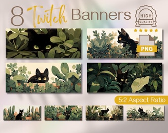 Artistic Twitch Banner, Whimsical Cat & Plants Design, Twitch Streaming Header, Cat and Plants Streaming Background, Aesthetic Twitch Setup