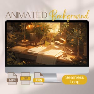 May include: Animated background featuring a desk with books, papers, a lamp, and a glass of water. The scene is set in a room with a window and plants. The background is a seamless loop.
