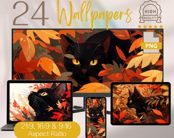 Schwarze Katze inmitten Herbstlaub Wallpapers Pack, 4K Ultra HD Breitbild-Herbstlandschaft Desktop-Hintergründe Computer, PC, Tablet, Laptop, Telefon