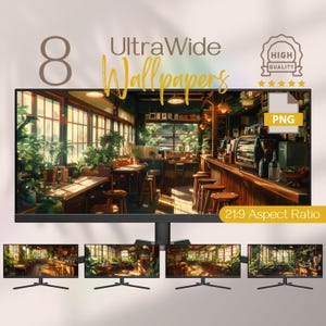 Coffee Shop Ultrawide Wallpaper, HD Anime Widescreen Wallpaper, Studio Desktop Background, High-Resolution Lofi Design for Computer Monitors