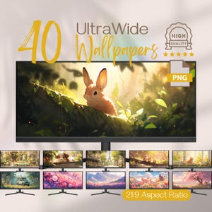 May include: A collection of 40 ultra-wide wallpapers featuring a variety of nature scenes, including a forest with a rabbit, a cityscape, and a field of flowers. The wallpapers are in PNG format and have a 21:9 aspect ratio.