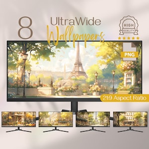 Könnte beinhalten: Acht Ultra-Wide-Wallpaper mit einer Cartoon-Illustration des Eiffelturms in Paris, Frankreich. Das Bild spielt in einem Park mit Bäumen, Blumen und einer Bank. Die Wallpaper haben ein Seitenverhältnis von 21:9 und sind hochwertige PNG-Dateien.