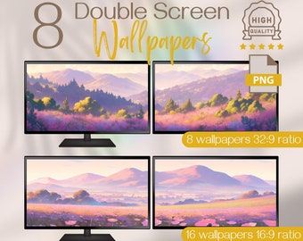 Pastel Meadows Dual Monitor Wallpaper: Spring Landscape Widescreen Background (Digital Download)