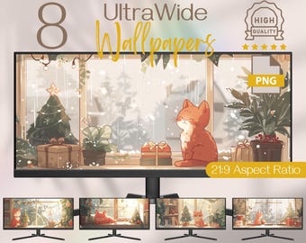 Cute Red Cat and Christmas Magic Ultrawide Wallpapers, HD Adorable Xmas & Holiday Scene Backgrounds for Widescreen Monitors, PC, Desktop