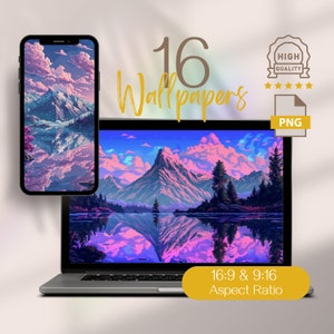 May include: A digital illustration of a mountain range reflected in a lake. The mountains are a vibrant pink and blue, with a cloudy sky above. The image is labeled "16 Wallpapers" and "16:9 & 9:16 Aspect Ratio".