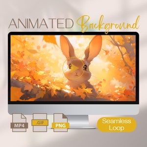 May include: Animated background featuring a cute bunny rabbit peeking out from behind a branch with autumn leaves. The background is a warm, sunny yellow with a play button icon in the center.