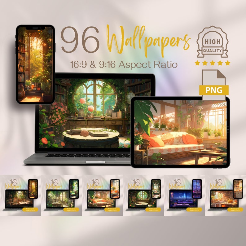 May include: A collection of 96 digital wallpapers featuring a variety of scenes, including a cozy living room with a couch and plants, a sunlit room with a window and a table, and a room with a bookshelf and a window. The wallpapers are available in 16:9 and 9:16 aspect ratios.