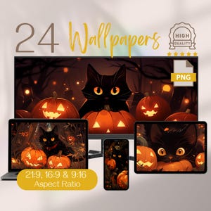 May include: A digital illustration of a black cat with orange eyes peeking out from behind a jack-o'-lantern. The cat is surrounded by other jack-o'-lanterns in a dark forest setting. The image is available in 21:9, 16:9, and 9:16 aspect ratios.