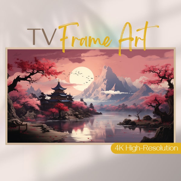 Sakura Television Picture Frame, Japanese Mount Fuji TV Art, Cherry Blossom TV Cover for Art Mode Display