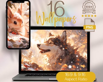 Cute Animals in Winter Forest Desktop Wallpaper, Adorable Winter Phone & Computer Backgrounds, Cozy Laptop Decor, Aesthetic Tablet Design