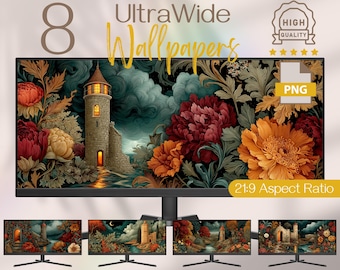 Amber & Forest Rainwatch Tower Widescreen Backgrounds, Ultrawide Castlecore Wallpapers, William Morris Aesthetic, Peonies and Dramatic Cloud