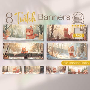 Cute Red Cat and Snowy Winter Twitch Banner, Charming Winter Forest Design for Channel Art, Kawaii Cat-themed Offline Banner for Your Stream