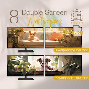 HD-bakgrundsbild med dubbla skärmar, söta valpar och växter, dubbelskärmsinstallation för skrivbordet, utökad skrivbordspresent, högupplöst design