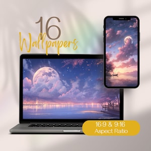 May include: A collection of 16 digital wallpapers featuring a scenic landscape with a full moon, clouds, and a lake. The image shows a laptop and a smartphone displaying the same wallpaper, showcasing the 16:9 and 9:16 aspect ratios.