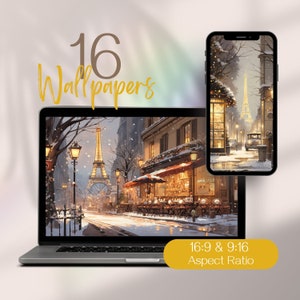May include: A digital illustration of a snowy Parisian street scene with the Eiffel Tower in the background. The image is available in 16:9 and 9:16 aspect ratios.